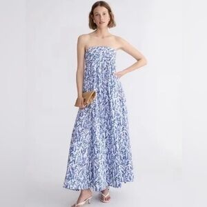 J. Crew Collection Strapless Bow Back Maxi Dress Meadow Print Blue White Size 2